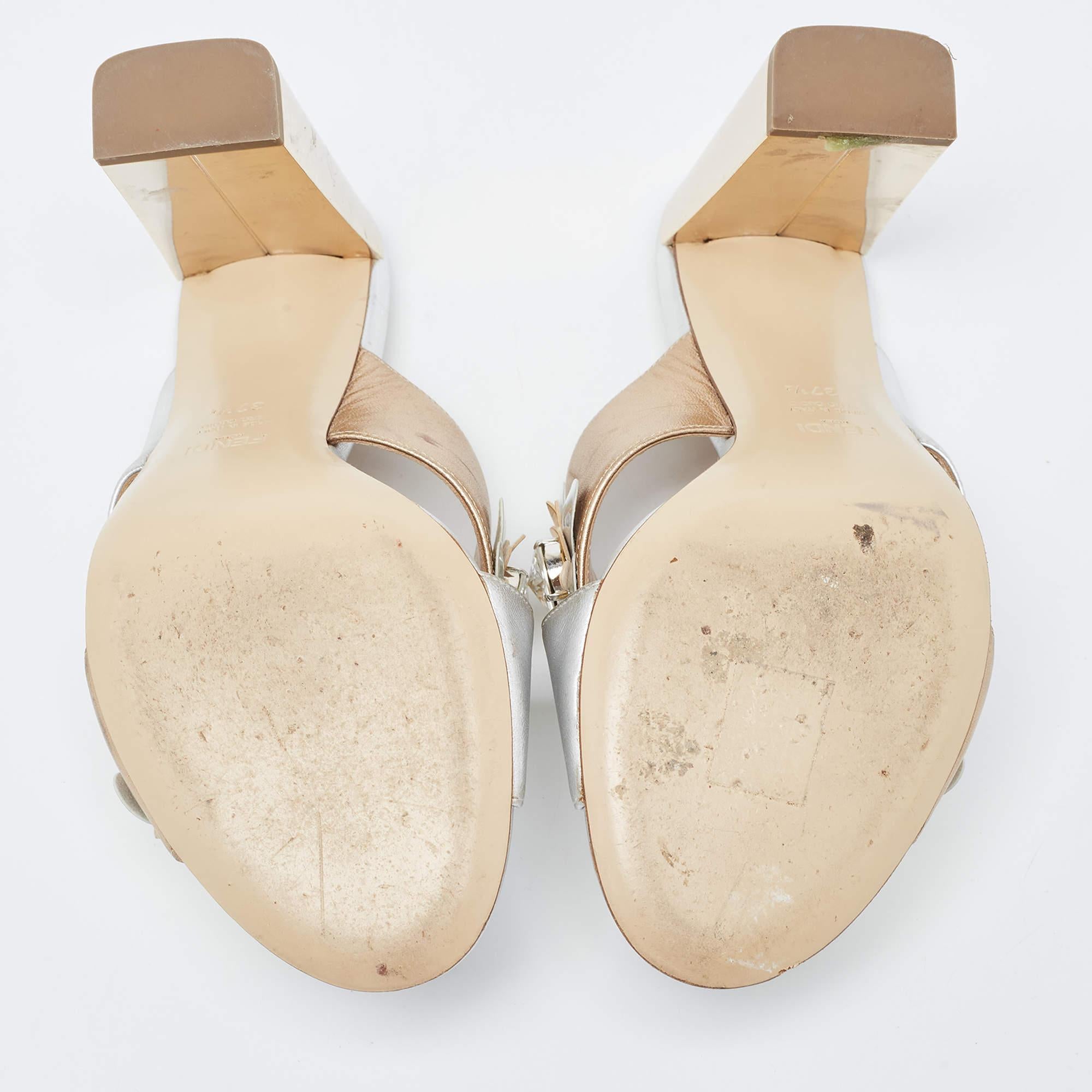 Fendi Silver/Gold Leather Flowerland Slide Sandals Size 37.5 2