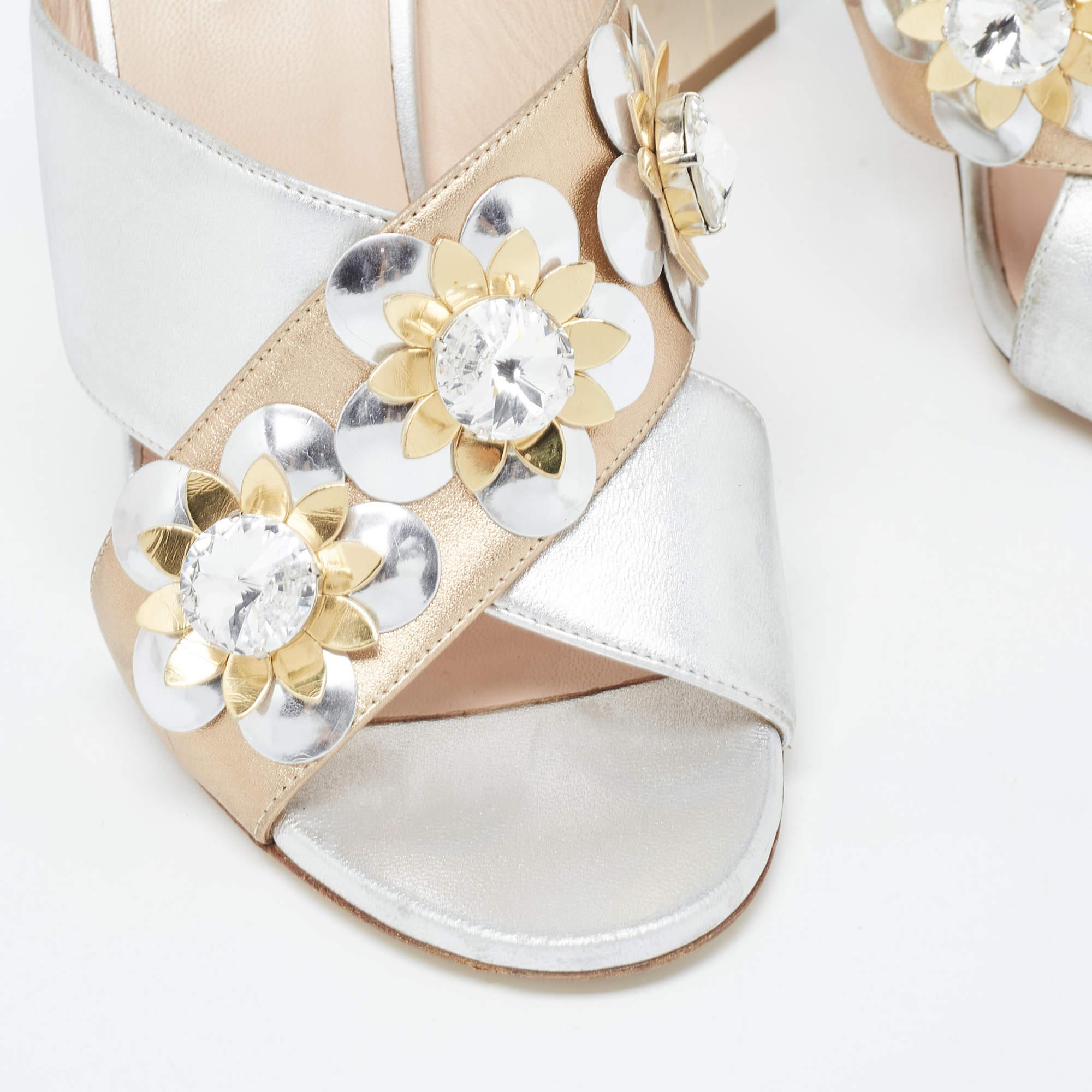 Fendi Silver/Gold Leather Flowerland Slide Sandals Size 37.5 3