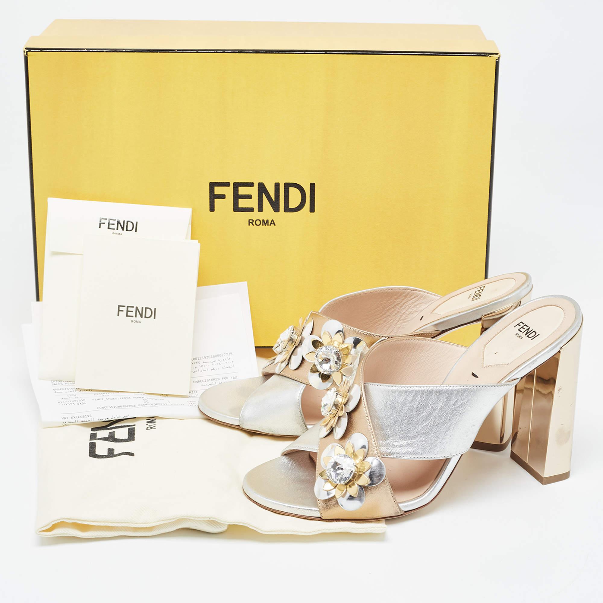 Fendi Silver/Gold Leather Flowerland Slide Sandals Size 37.5 5
