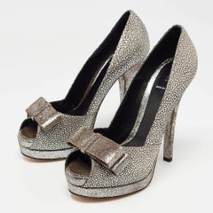 Fendi Silver/Grey Brocade Fabric and Suede Bow Open Toe Platform Pumps Size 40