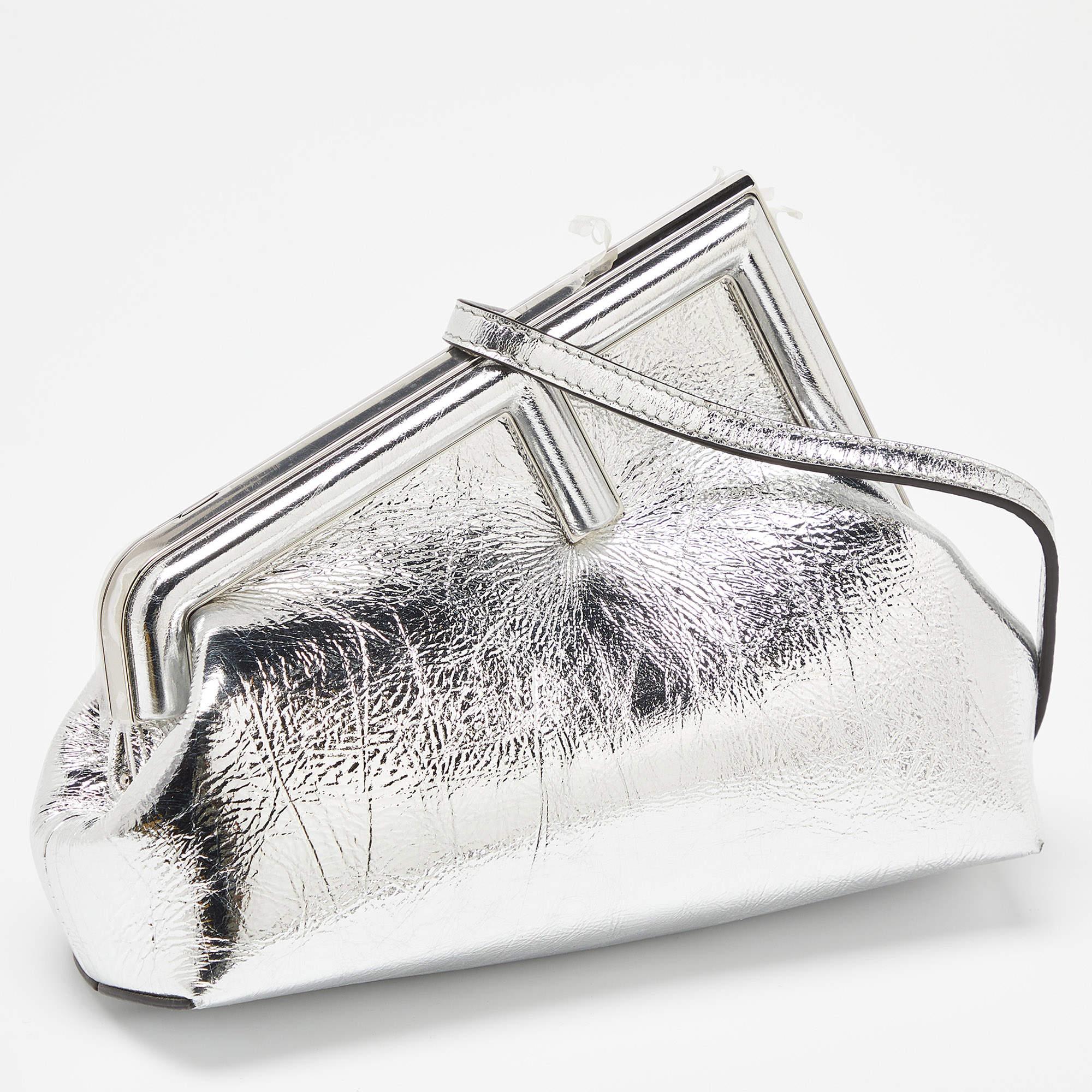 Fendi Silver Laminated Leather Small First Clutch In Excellent Condition In Dubai, Al Qouz 2