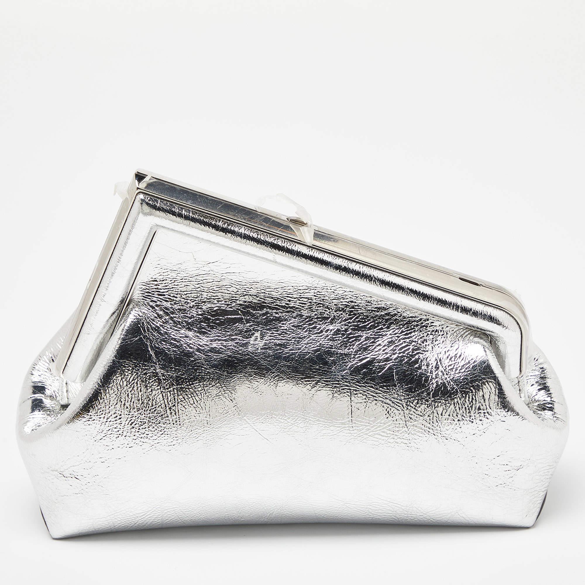Women's Fendi Silver Laminated Leather Small First Clutch