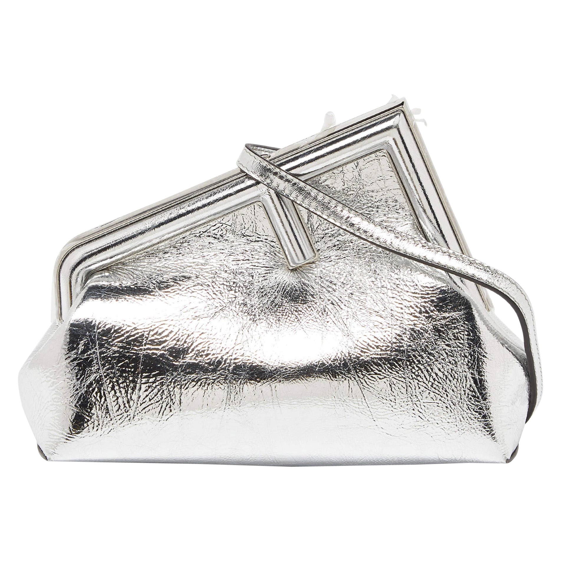 Fendi Silver Laminated Leather Small First Clutch