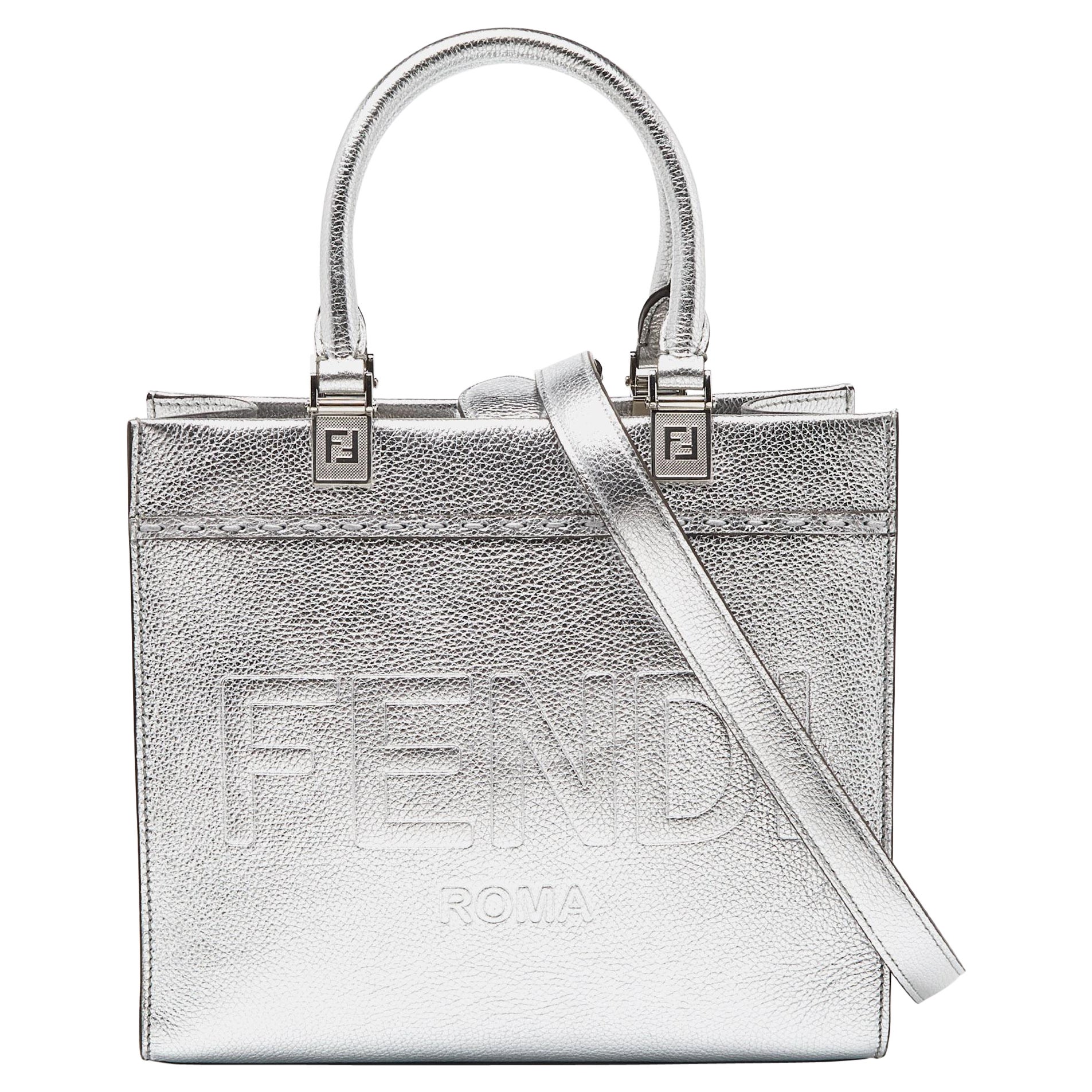 Fendi Silver Laminated Leather Small Sunshine Tote