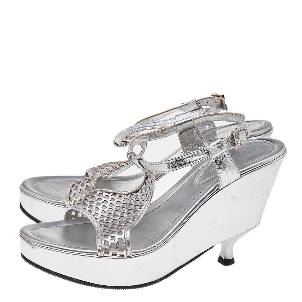 Women's Fendi Silver Leather Ankle Strap Sandals Size 37