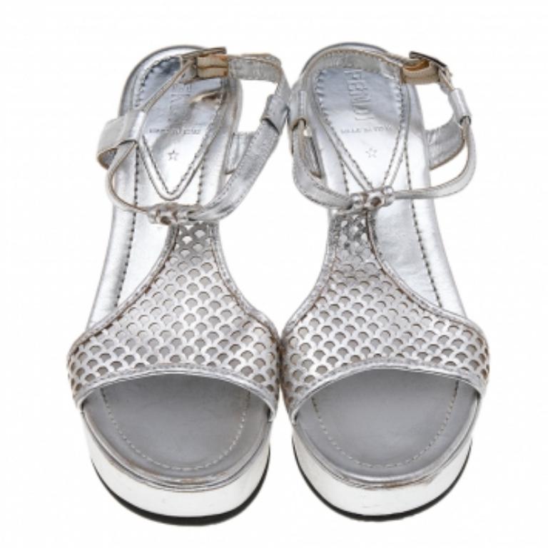 Women's Fendi Silver Leather Ankle Strap Sandals Size 37