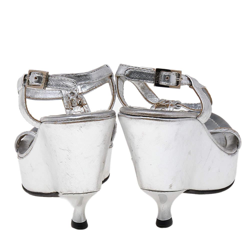 Fendi Silver Leather Ankle Strap Sandals Size 37 1