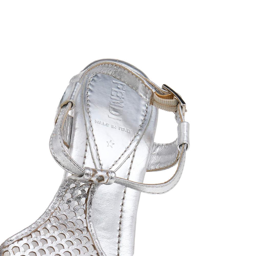 Fendi Silver Leather Ankle Strap Sandals Size 37 3