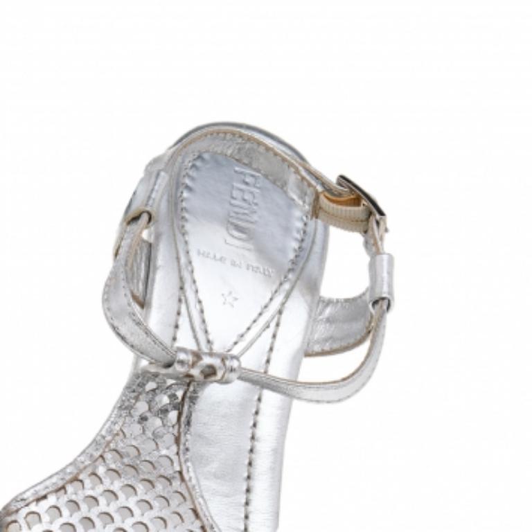 Fendi Silver Leather Ankle Strap Sandals Size 37 3