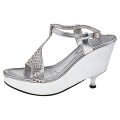 Fendi Silver Leather Ankle Strap Sandals Size 37