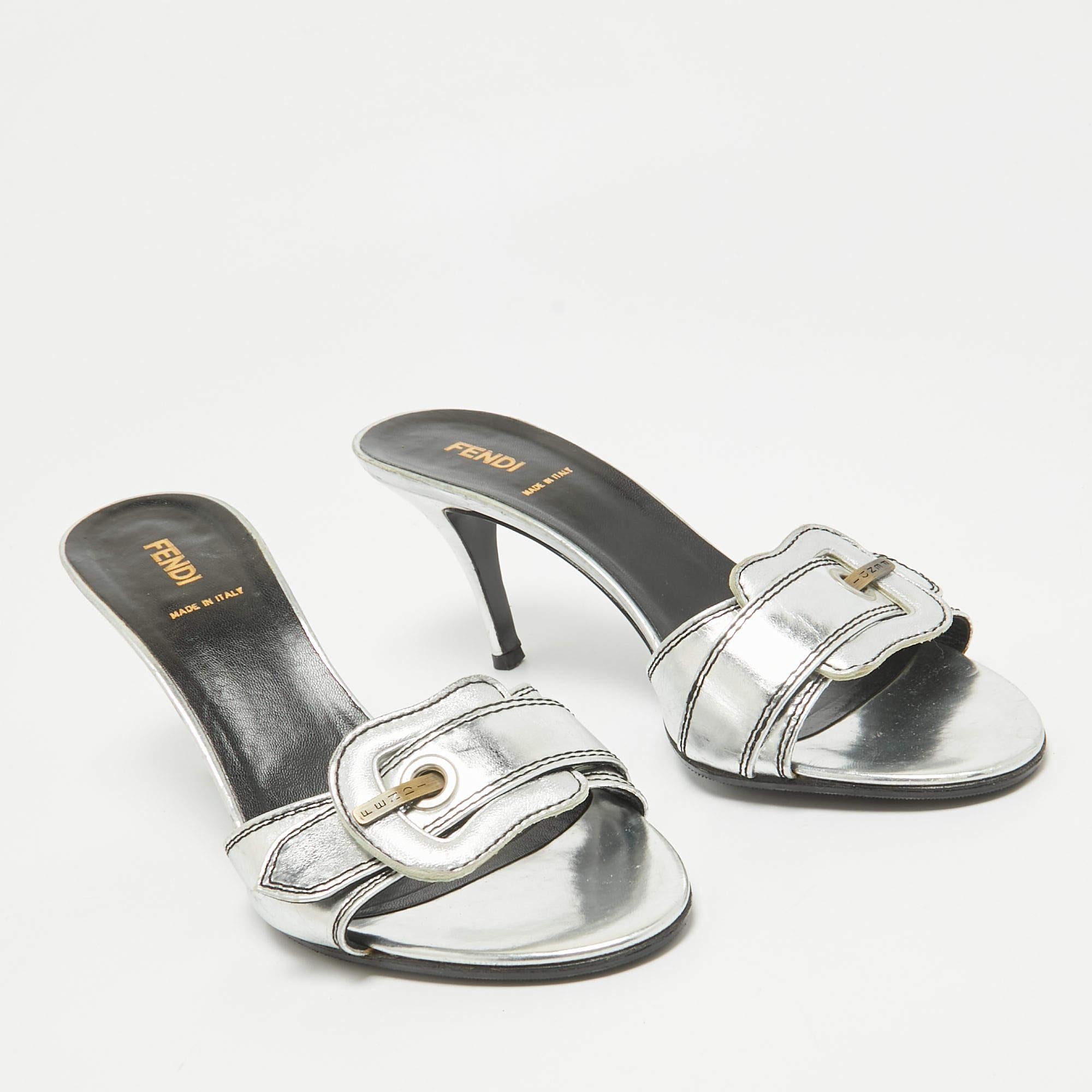 Women's Fendi Silver Leather B Buckle Slide Sandals Size 39.5