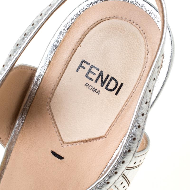 Fendi Silver Leather Chameleon Block Heel Sandals Size 40