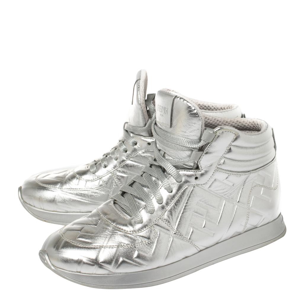 Women's Fendi Silver Leather FF High Top Sneakers Size 38