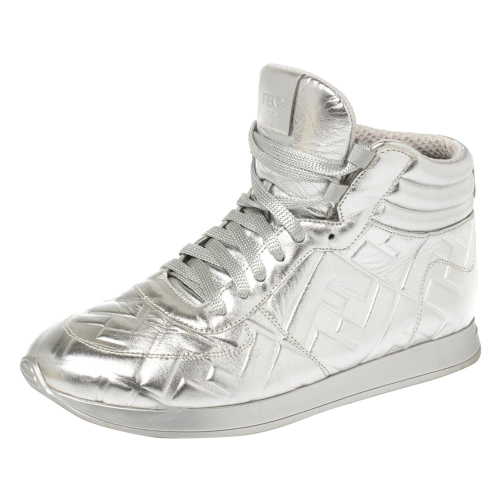 Fendi Silver Leather FF High Top Sneakers Size 38