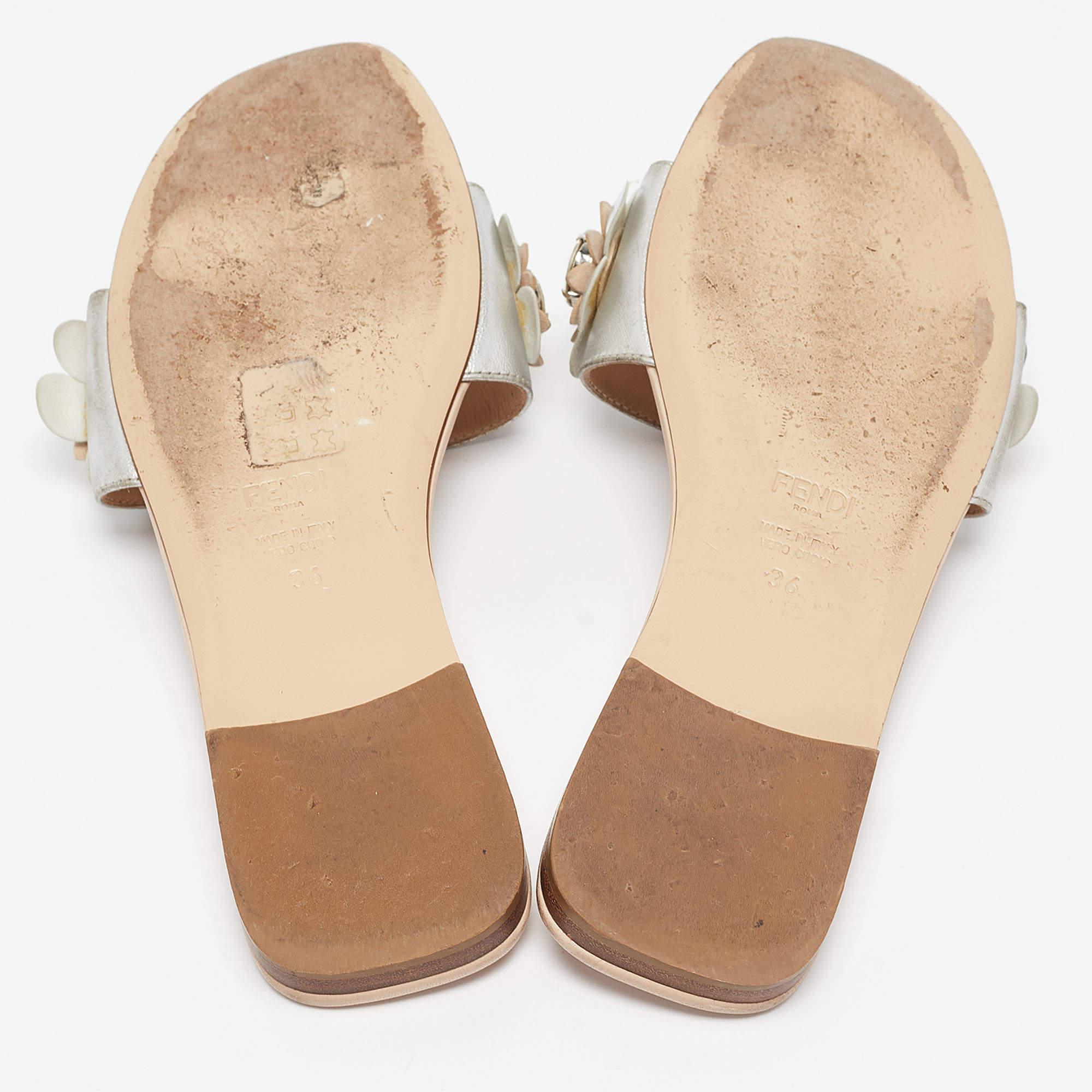 Fendi Silver Leather Flowerland Flat Slides Size 36 1