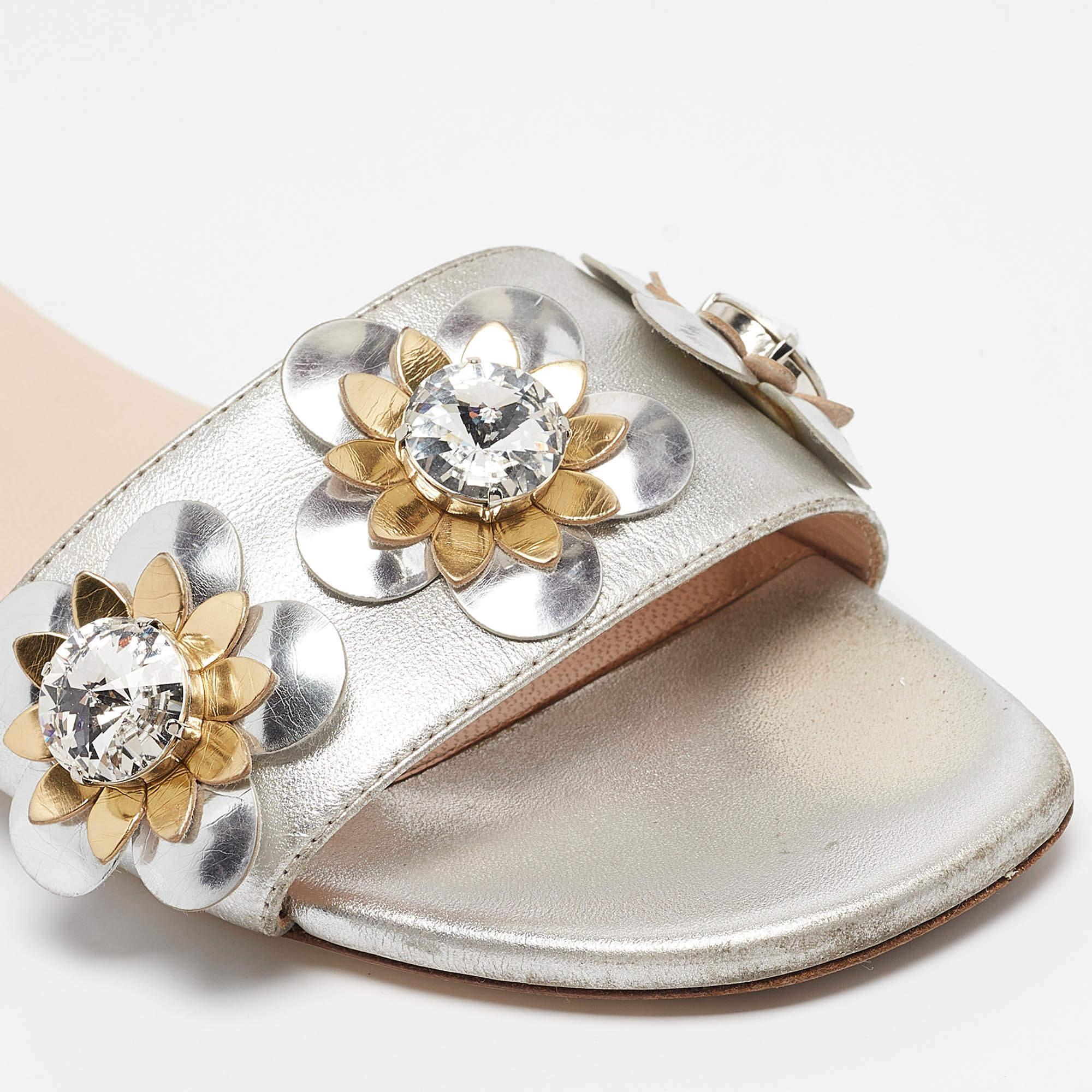 Fendi Silver Leather Flowerland Flat Slides Size 36 2
