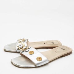 Fendi Silver Leather Flowerland Flat Slides Size 40.5