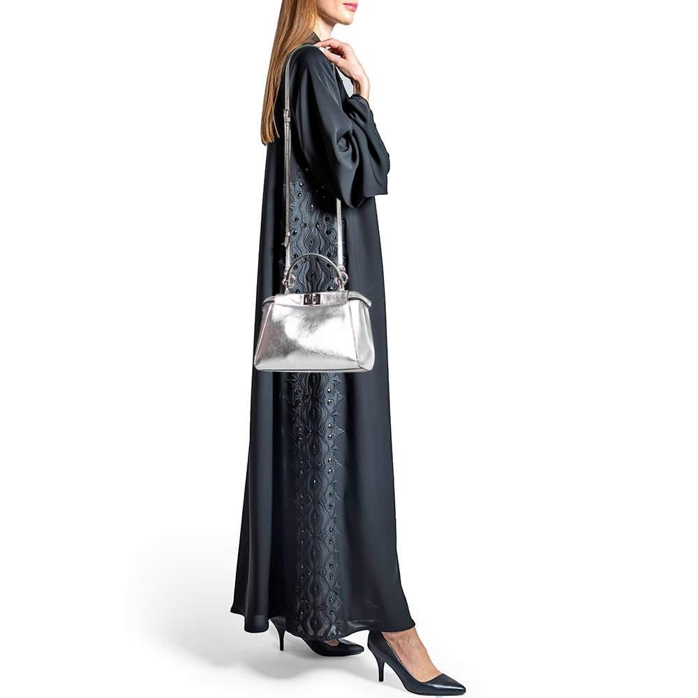 Fendi Silver Leather Mini Peekaboo Top Handle Bag In Good Condition In Dubai, Al Qouz 2