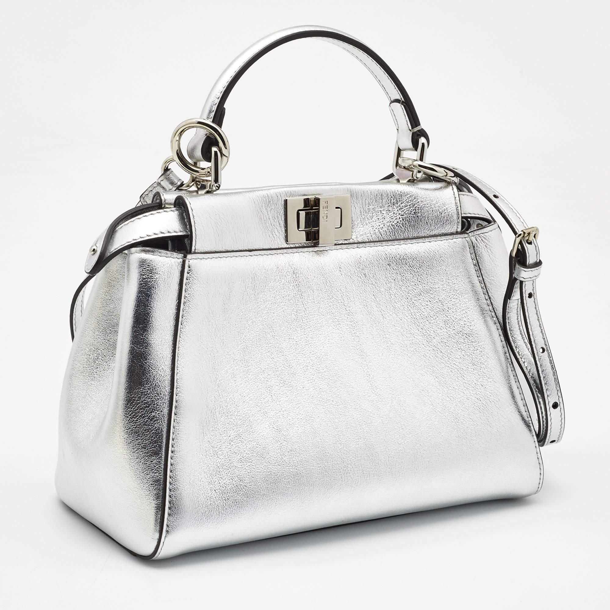 Women's Fendi Silver Leather Mini Peekaboo Top Handle Bag