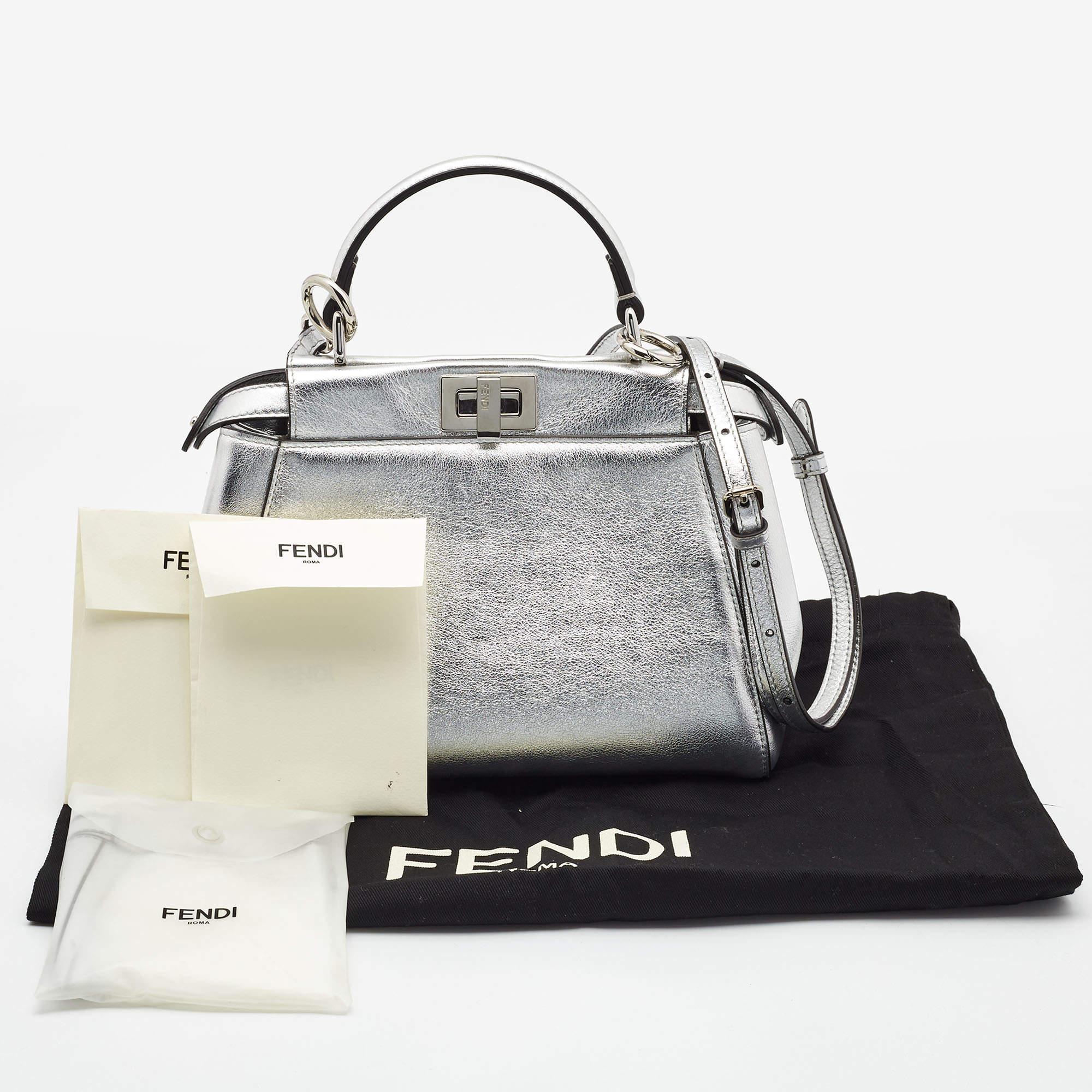 Fendi Silver Leather Mini Peekaboo Top Handle Bag 2