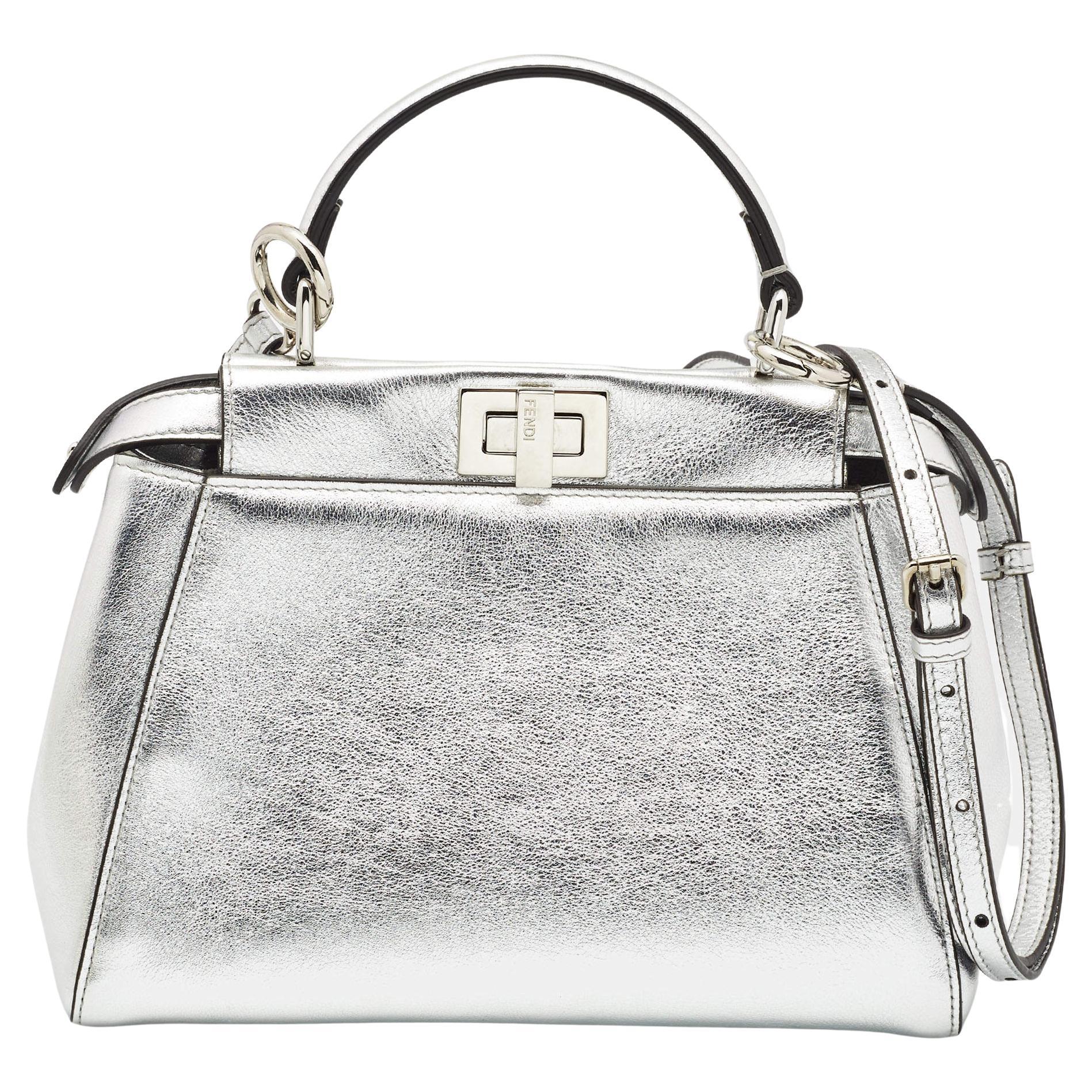 Fendi Silver Leather Mini Peekaboo Top Handle Bag