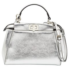 Used Fendi Silver Leather Mini Peekaboo Top Handle Bag