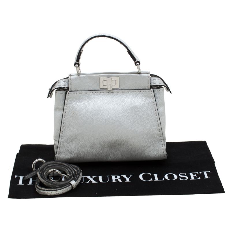 Fendi Silver Leather Selleria Mini Peekaboo Top Handle Bag 7