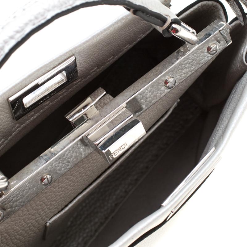 Fendi Silver Leather Selleria Mini Peekaboo Top Handle Bag In Good Condition In Dubai, Al Qouz 2