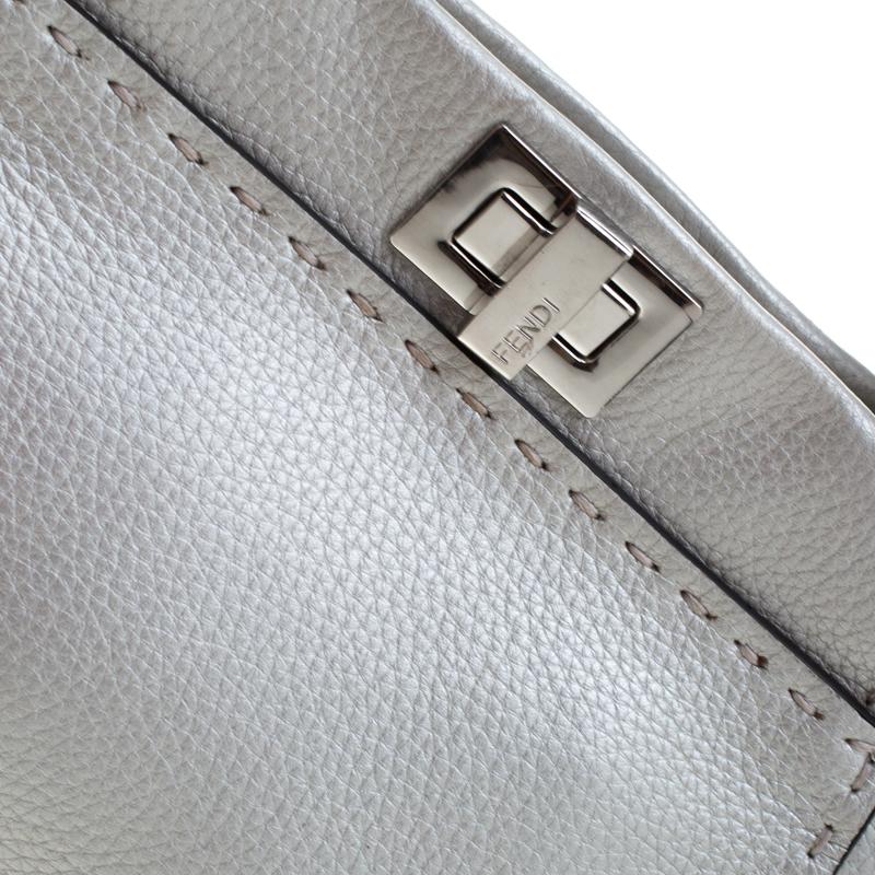 Women's Fendi Silver Leather Selleria Mini Peekaboo Top Handle Bag