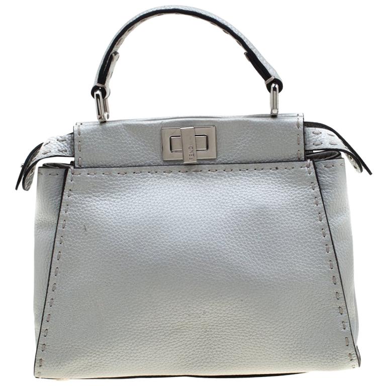 Fendi Silver Leather Selleria Mini Peekaboo Top Handle Bag at 1stDibs