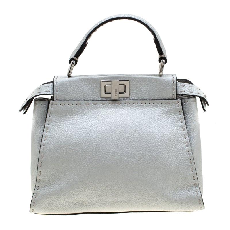 Fendi Silver Leather Selleria Mini Peekaboo Top Handle Bag