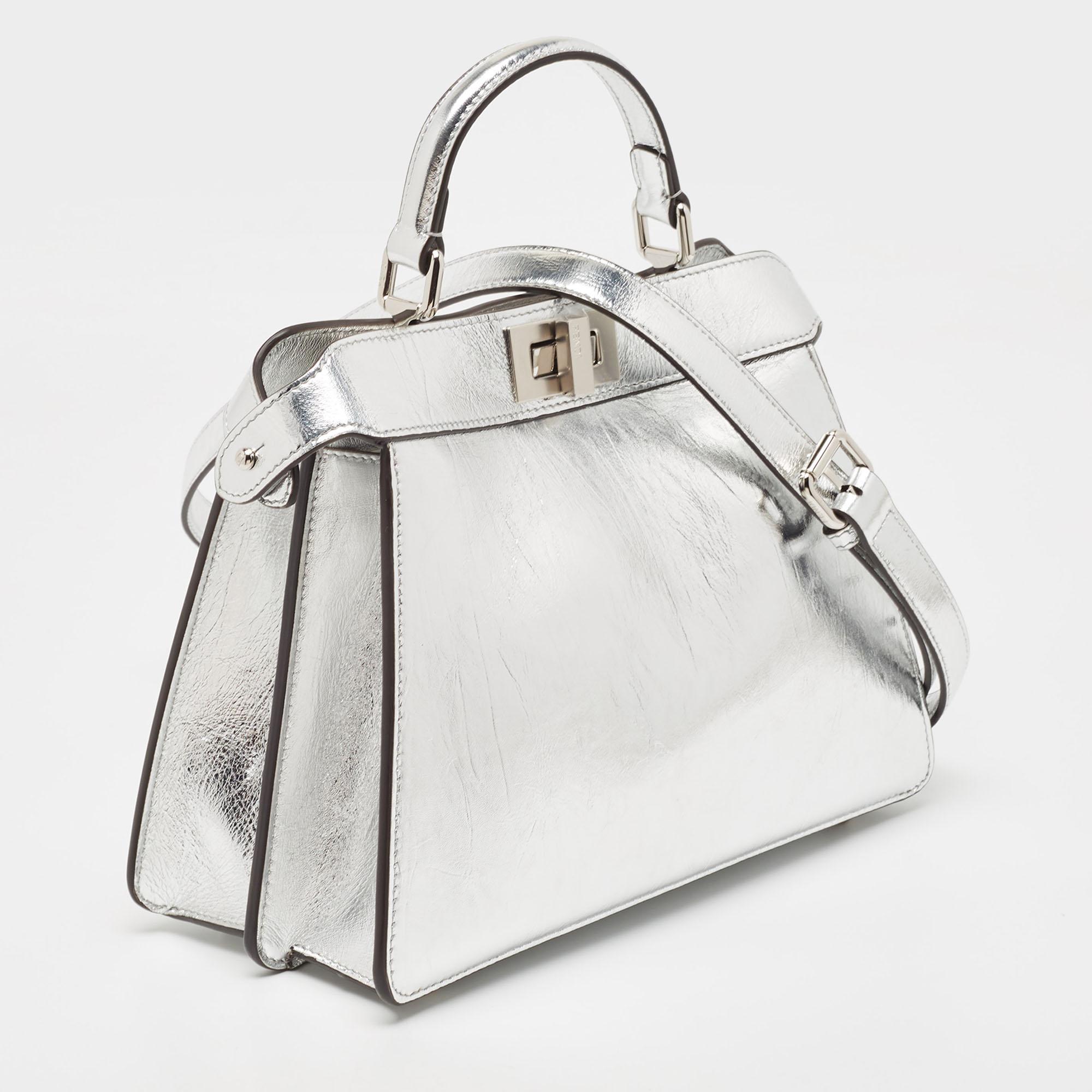 Fendi Silver Leather Small Peekaboo ISeeU Top Handle Bag In New Condition In Dubai, Al Qouz 2