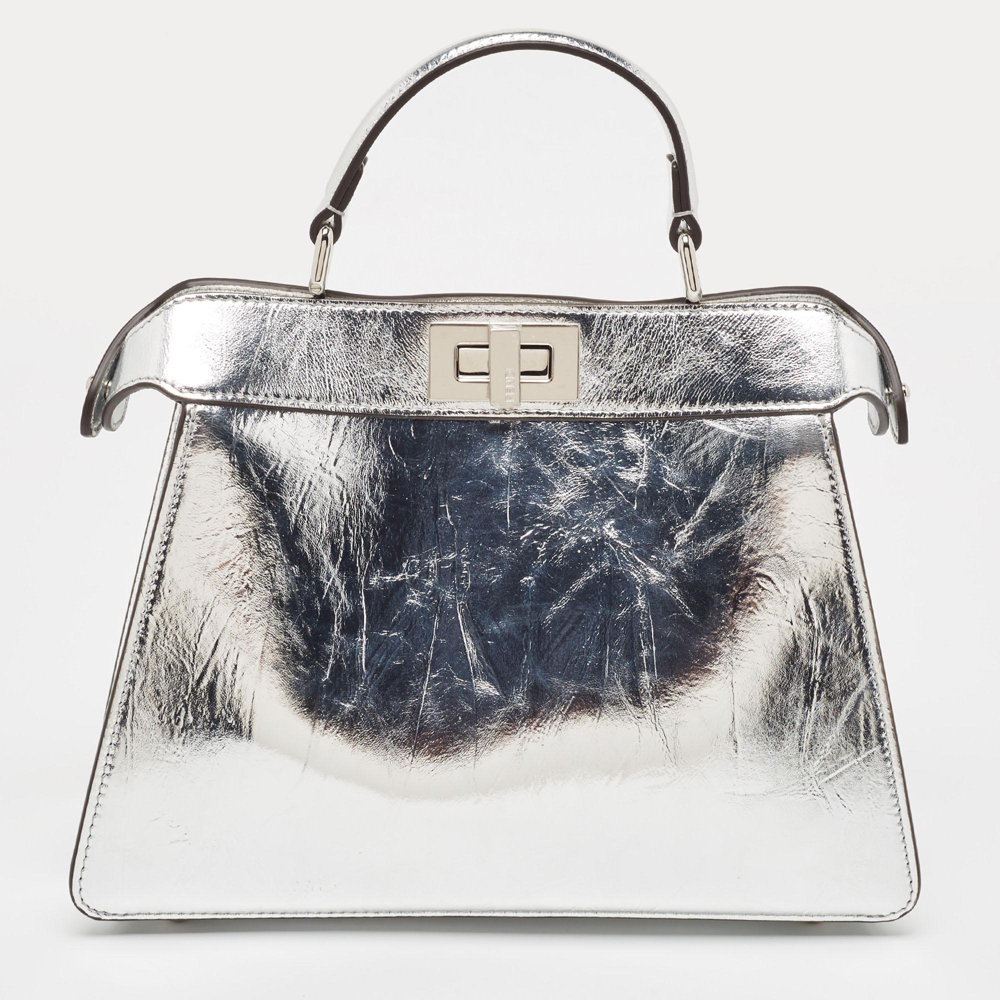 Fendi Silver Leather Small Peekaboo ISeeU Top Handle Bag 2