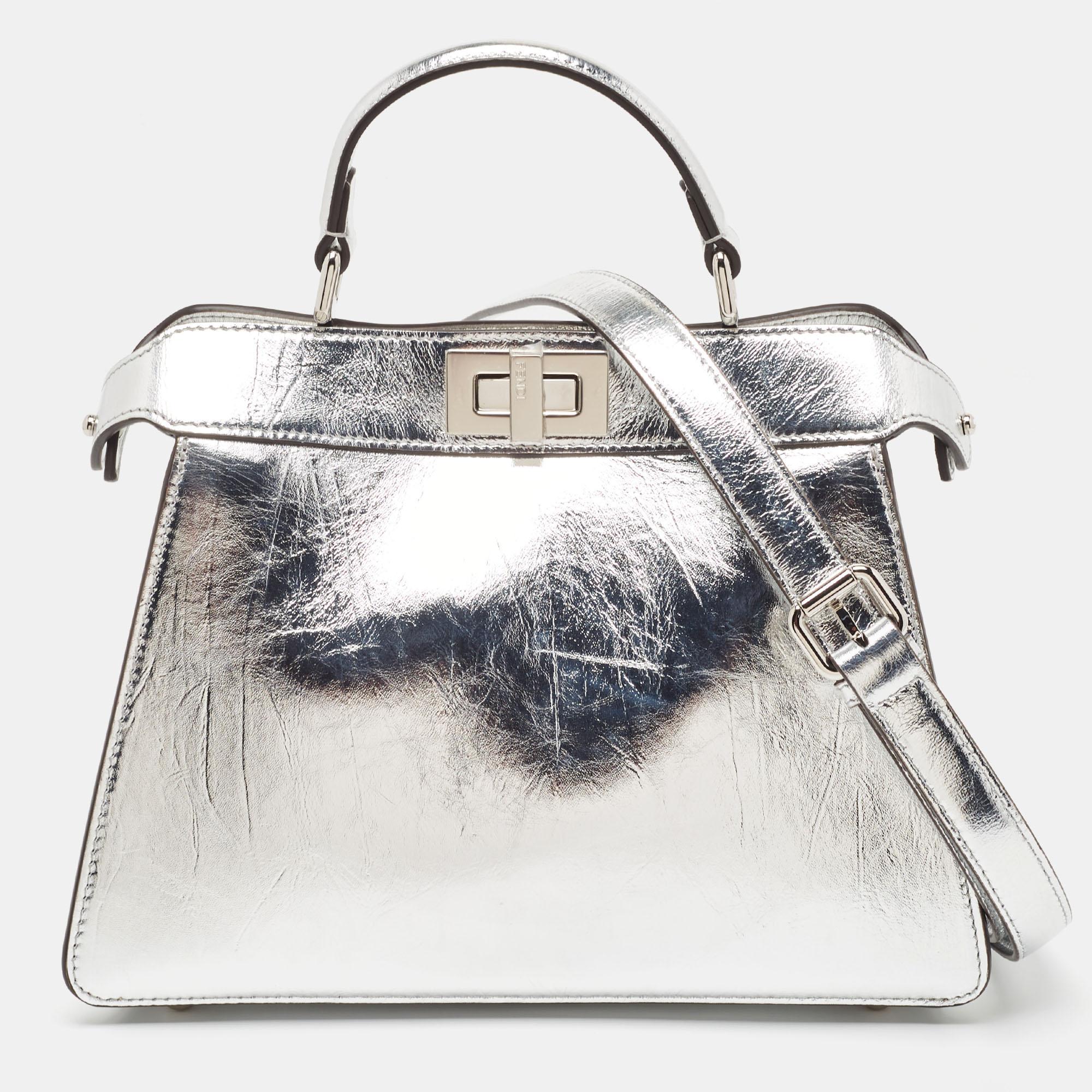 Fendi Silver Leather Small Peekaboo ISeeU Top Handle Bag 3