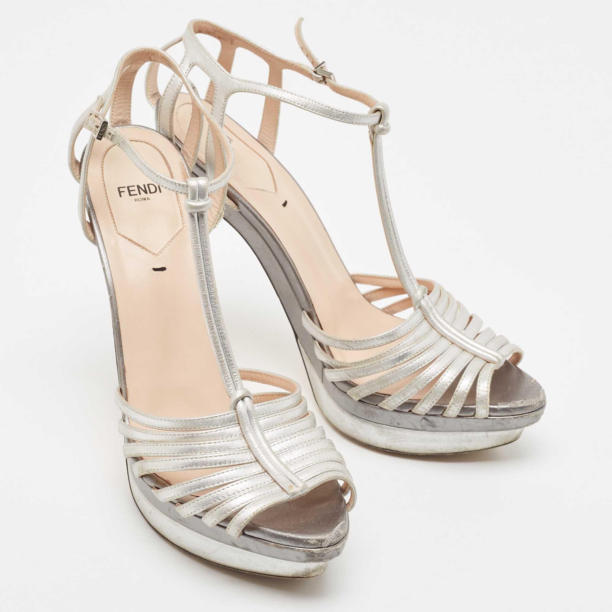 Women's Fendi Silver Leather Strappy T Strap Platform Sandals Size 41