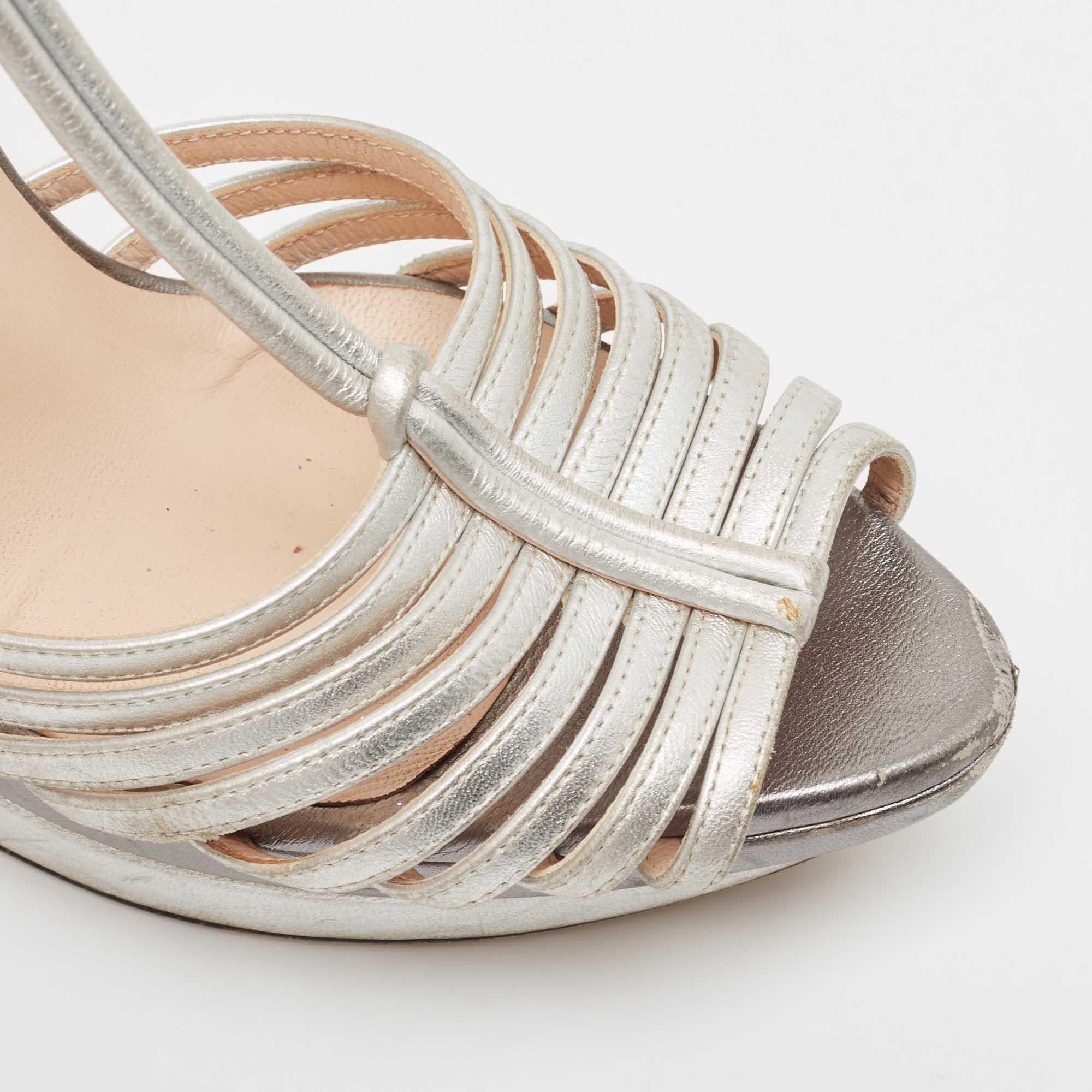 Fendi Silver Leather Strappy T Strap Platform Sandals Size 41 3