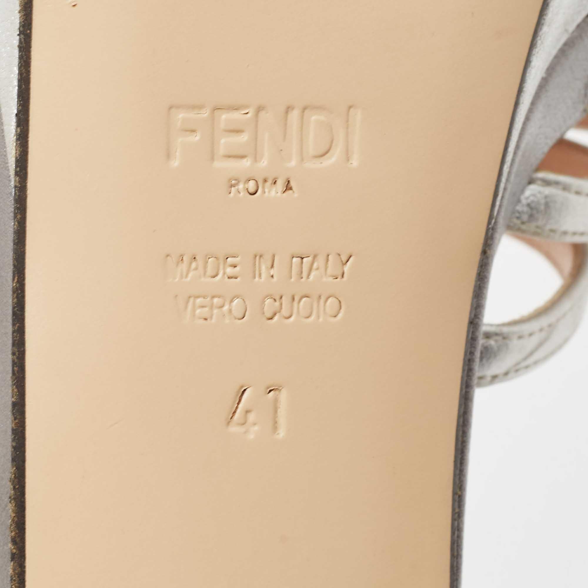 Fendi Silver Leather Strappy T Strap Platform Sandals Size 41 4