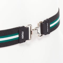FENDI silver logo black green stripe stretch fabric leather skinny belt