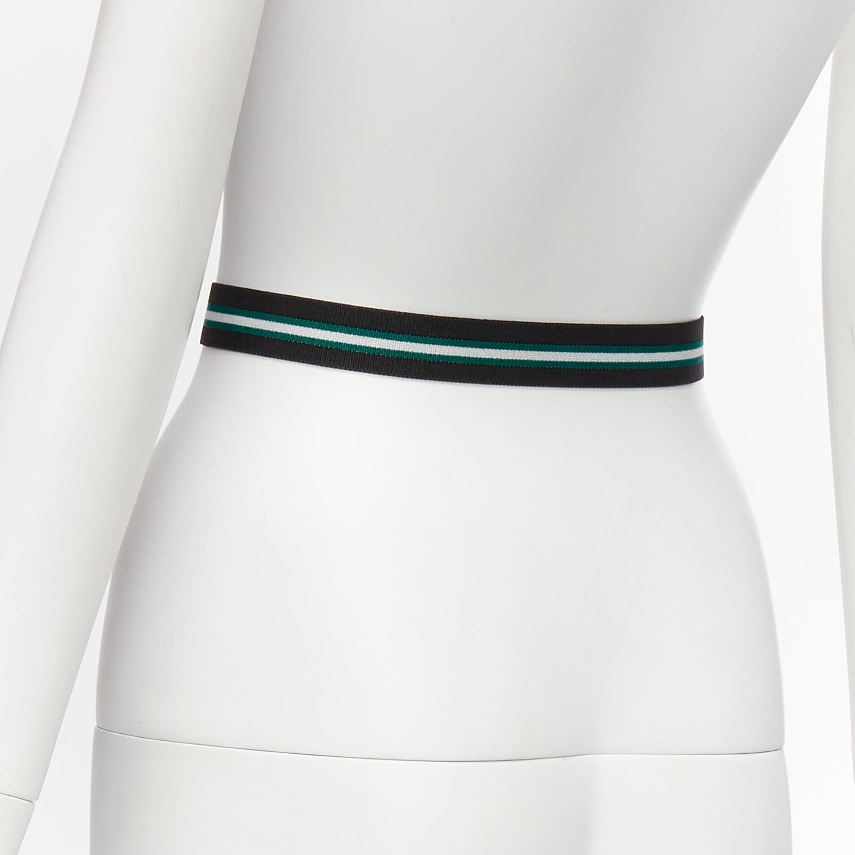 FENDI silver logo black green stripe stretch fabric leather skinny belt For Sale 2