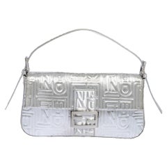 Fendi Silver Logo Embossed Fabric Baguette