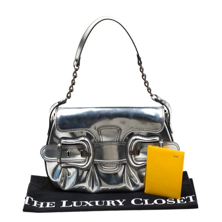 Fendi Silver Patent Leather B Bis Shoulder Bag