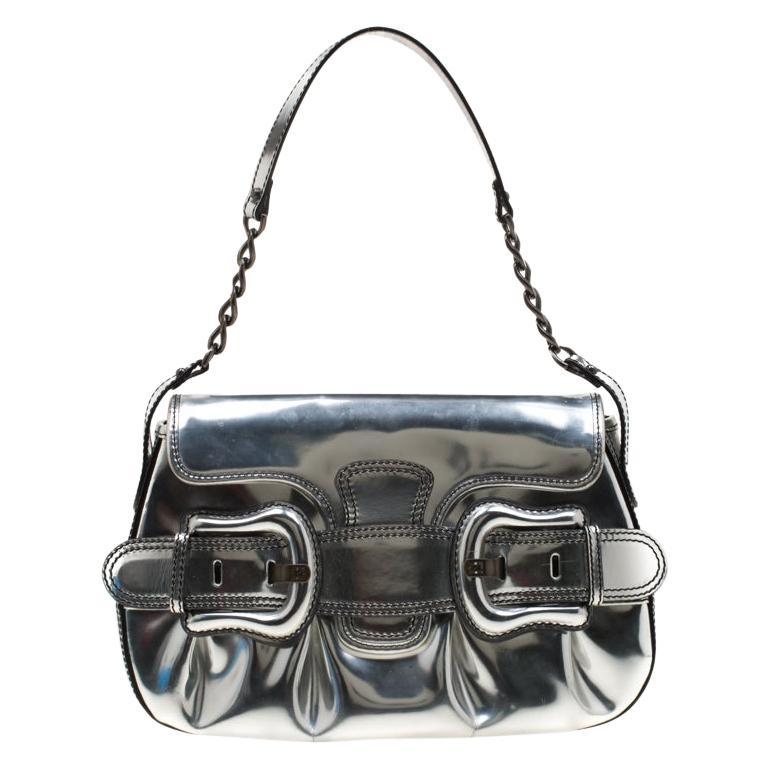 Fendi Silver Patent Leather B Bis Shoulder Bag