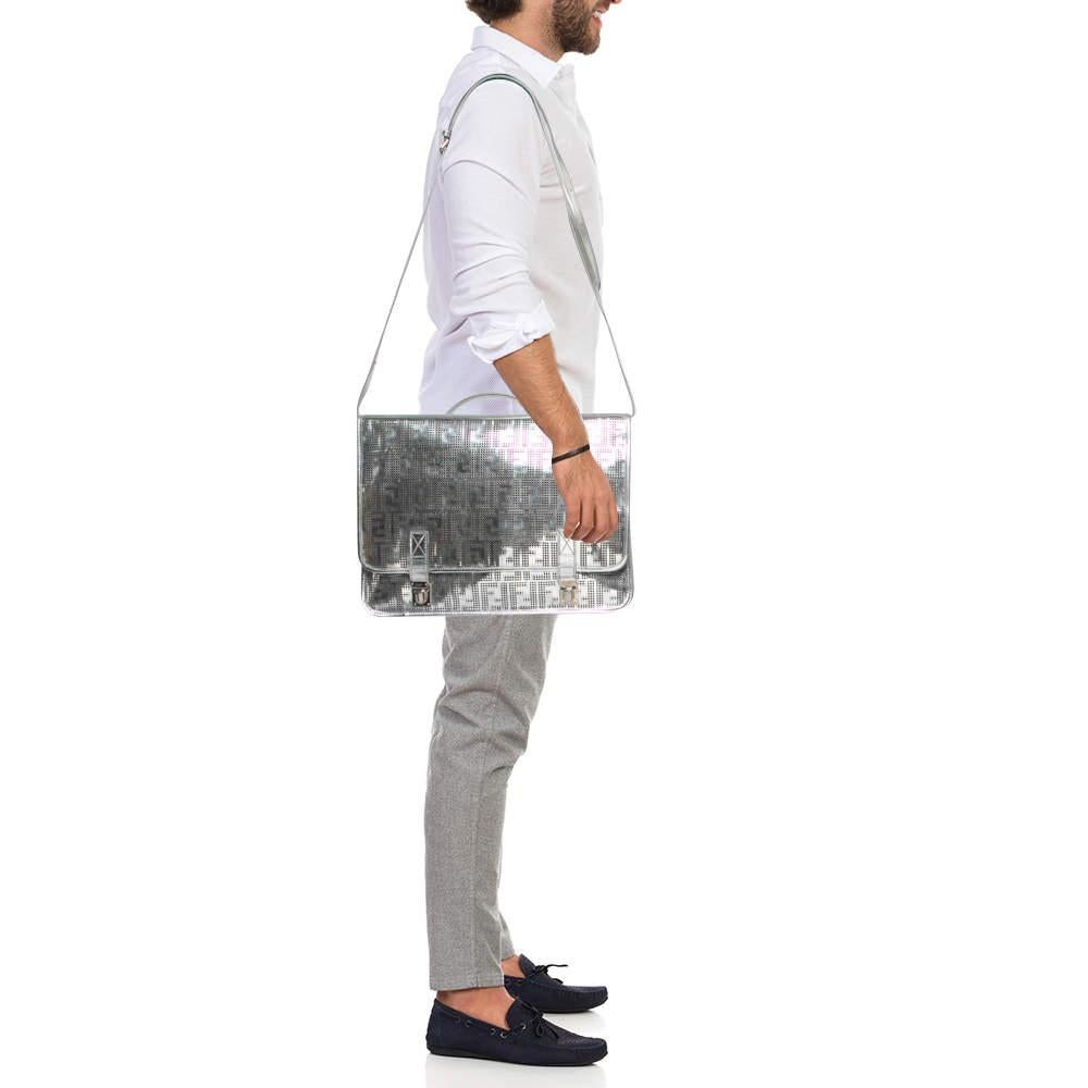 Fendi Silver Perforated FF Mirror Leather Briefcase Bag In Fair Condition In Dubai, Al Qouz 2