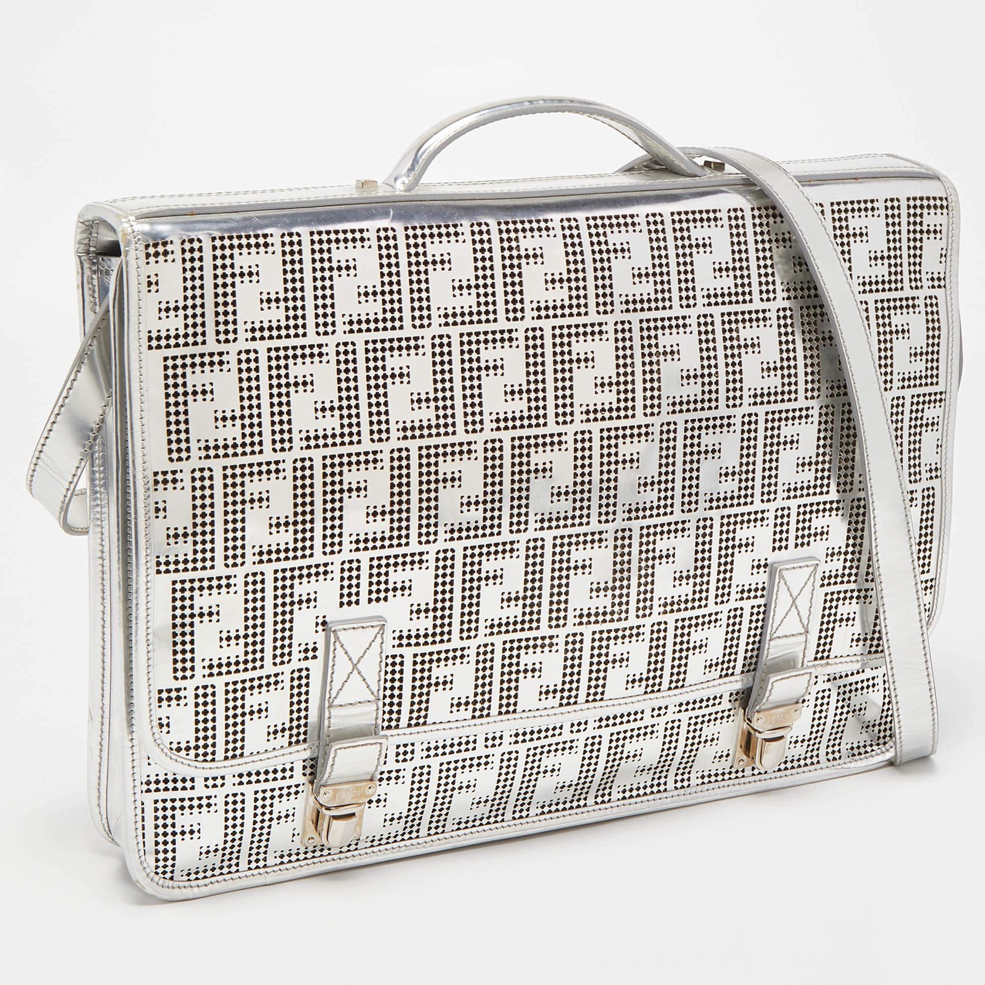 Women's Fendi Silver Perforated FF Mirror Leather Briefcase Bag