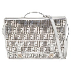 Fendi Silver Perforated FF Mirror Leather Briefcase Bag