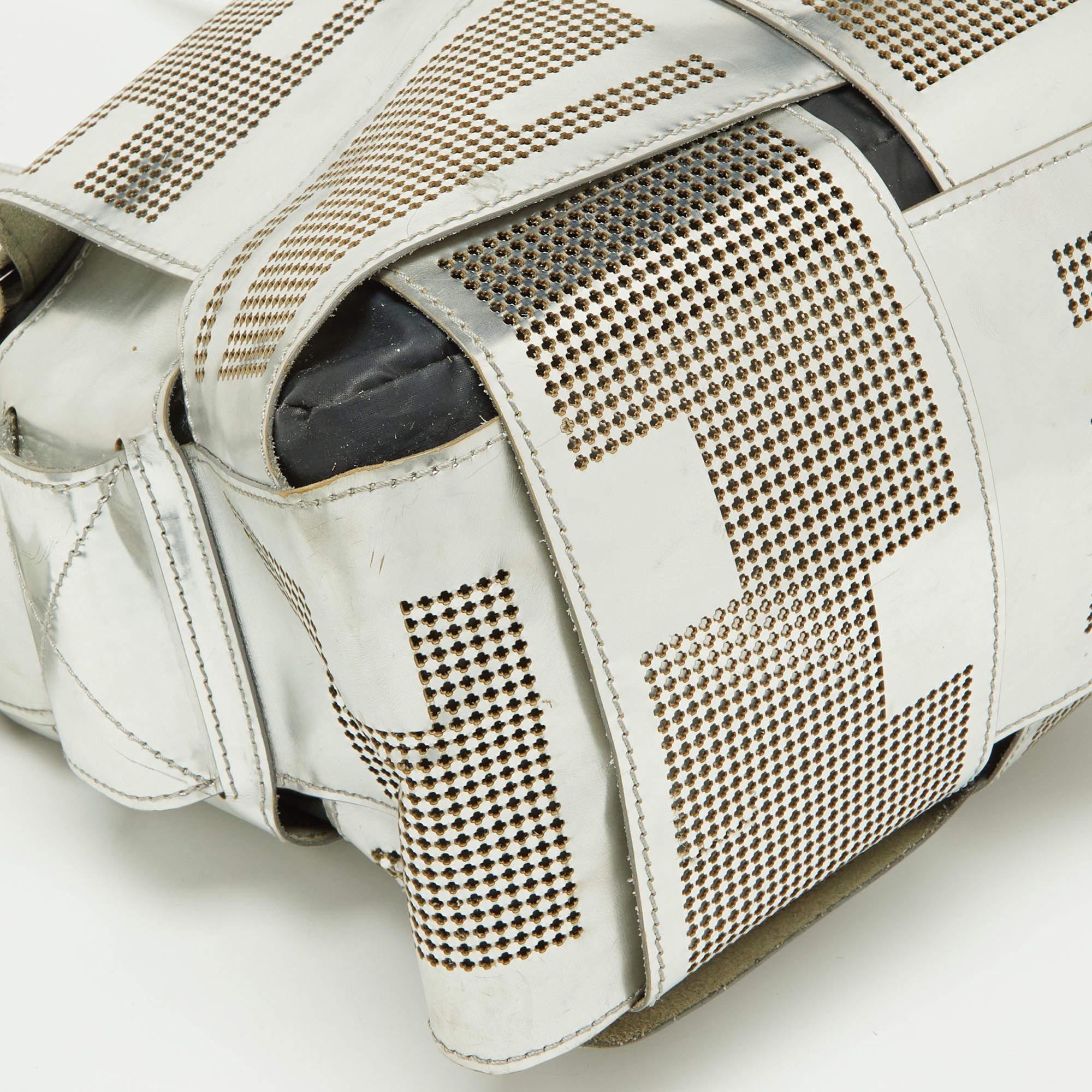 Fendi Silver Perforated Patent Leather Crossword Grande Bag 6