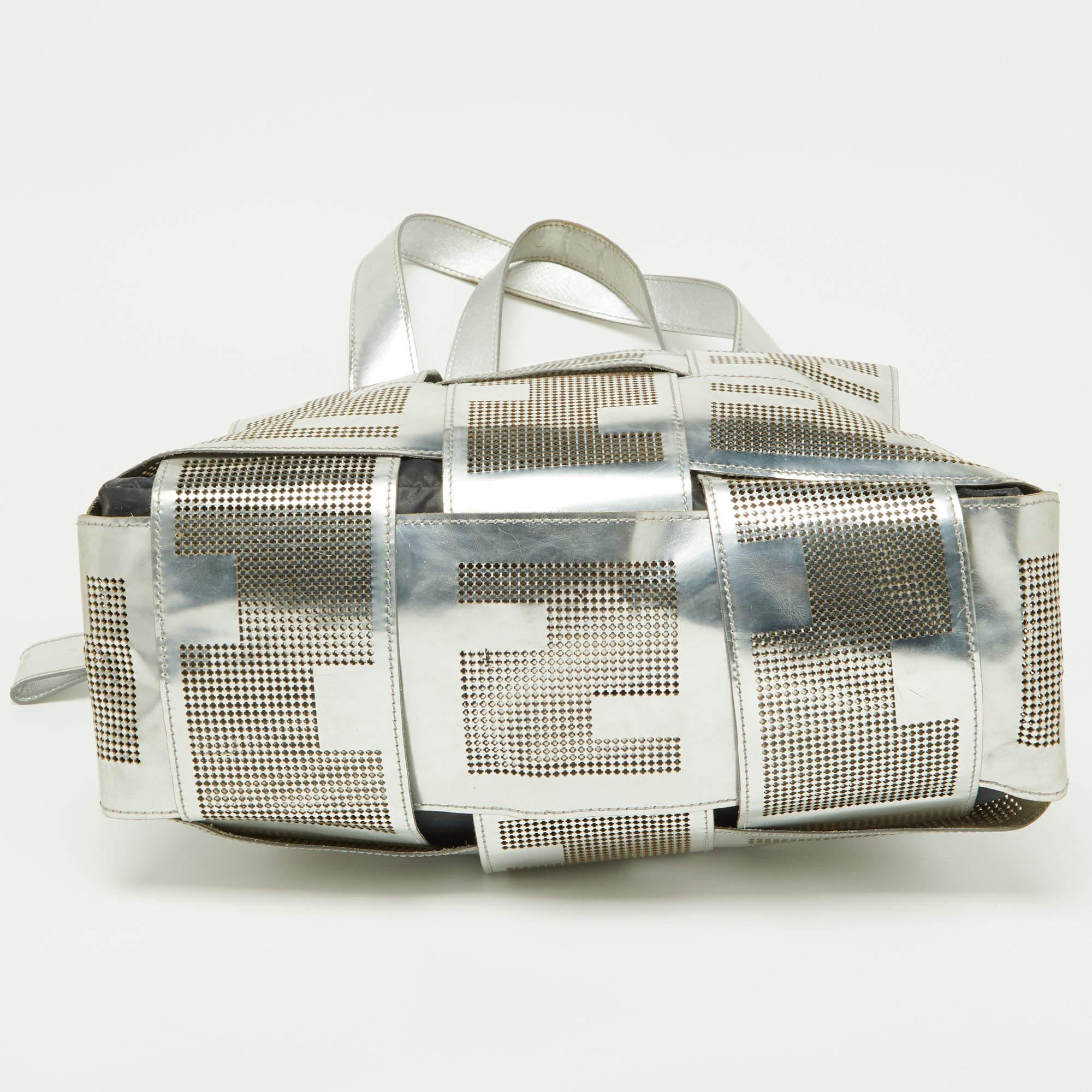 Fendi Silver Perforated Patent Leather Crossword Grande Bag 7