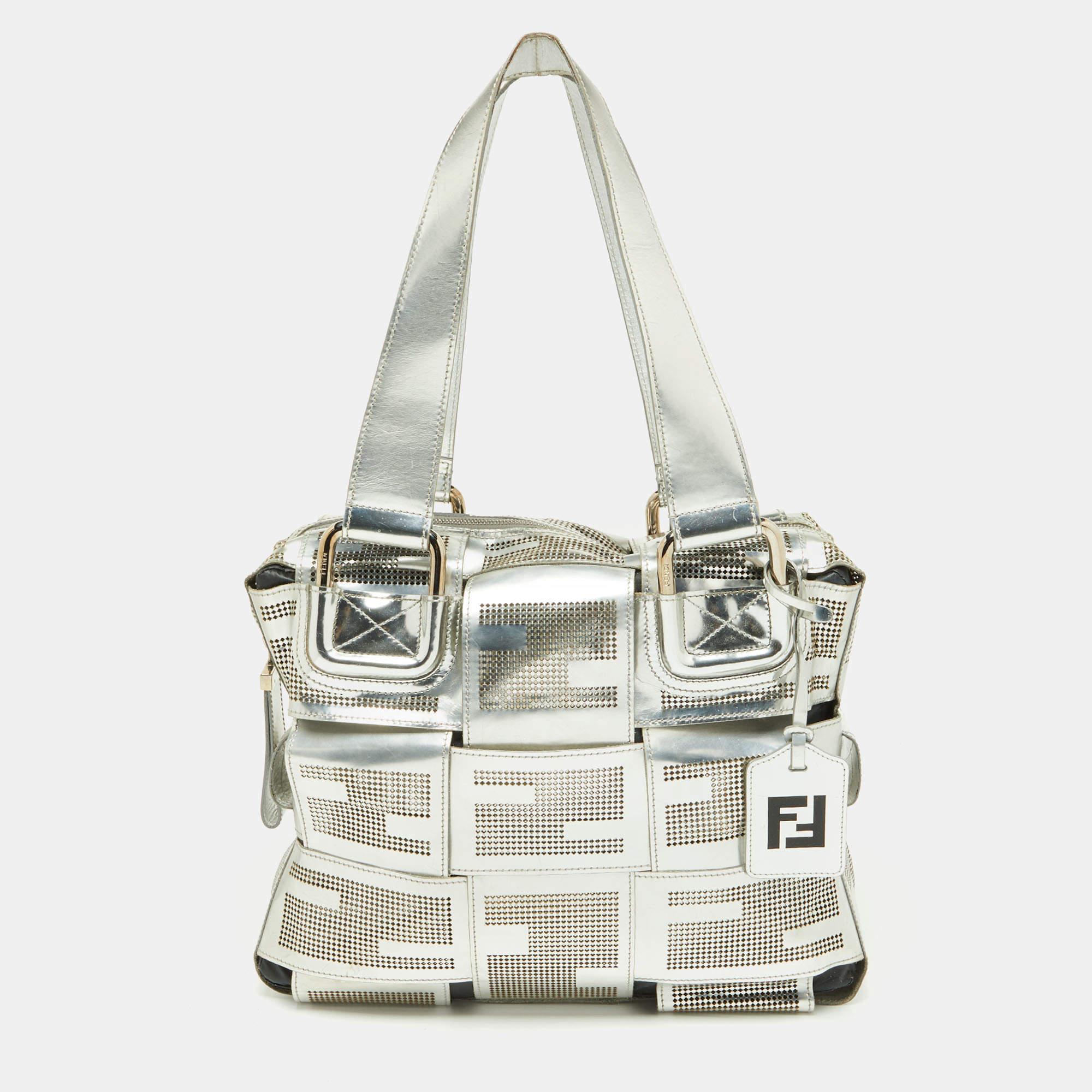 Women's Fendi Silver Perforated Patent Leather Crossword Grande Bag