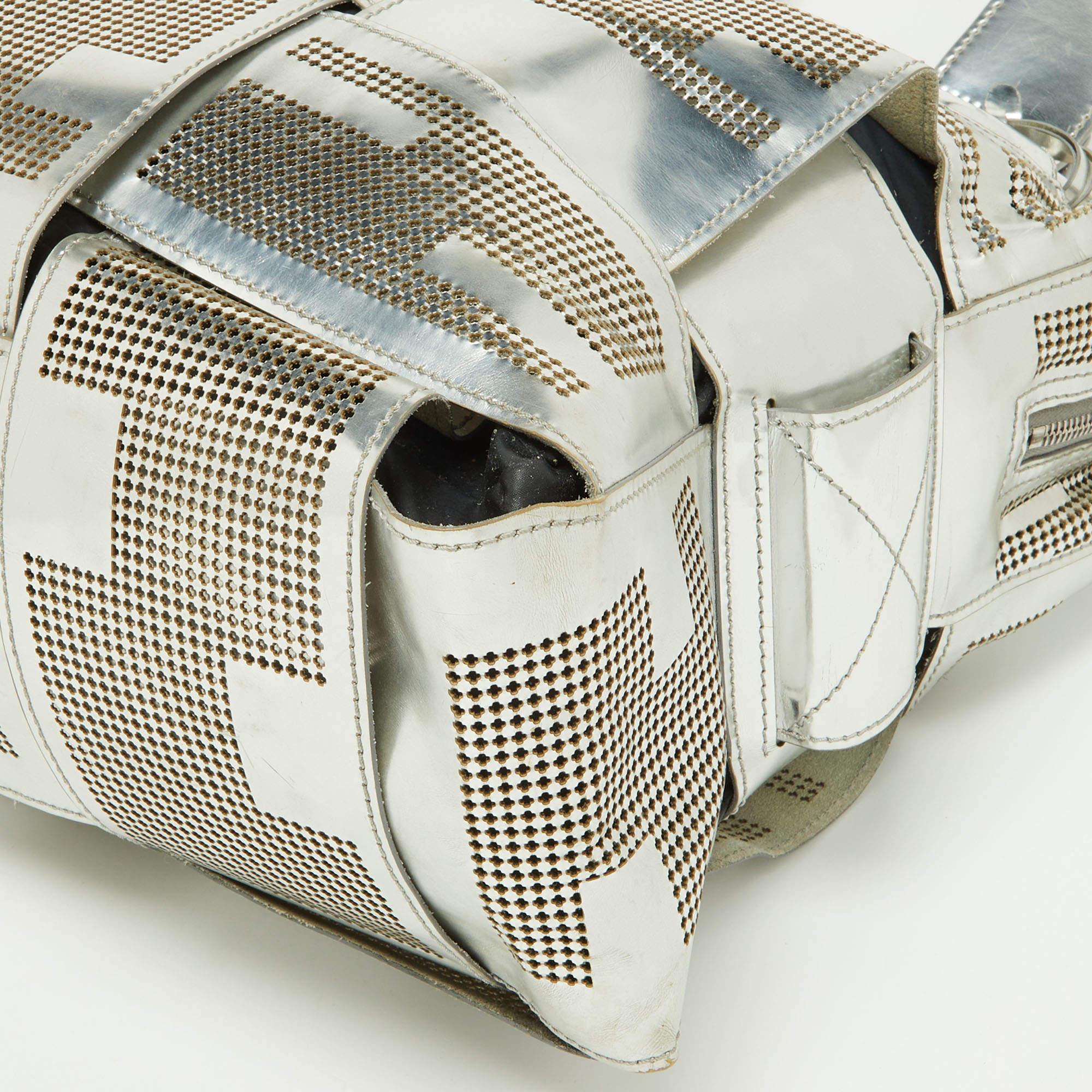 Fendi Silver Perforated Patent Leather Crossword Grande Bag 5