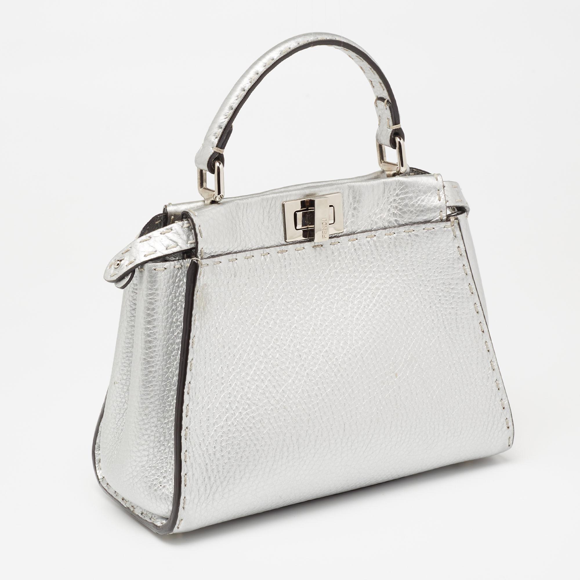Fendi Silver Selleria Leather Mini Peekaboo Top Handle Bag at 1stDibs ...